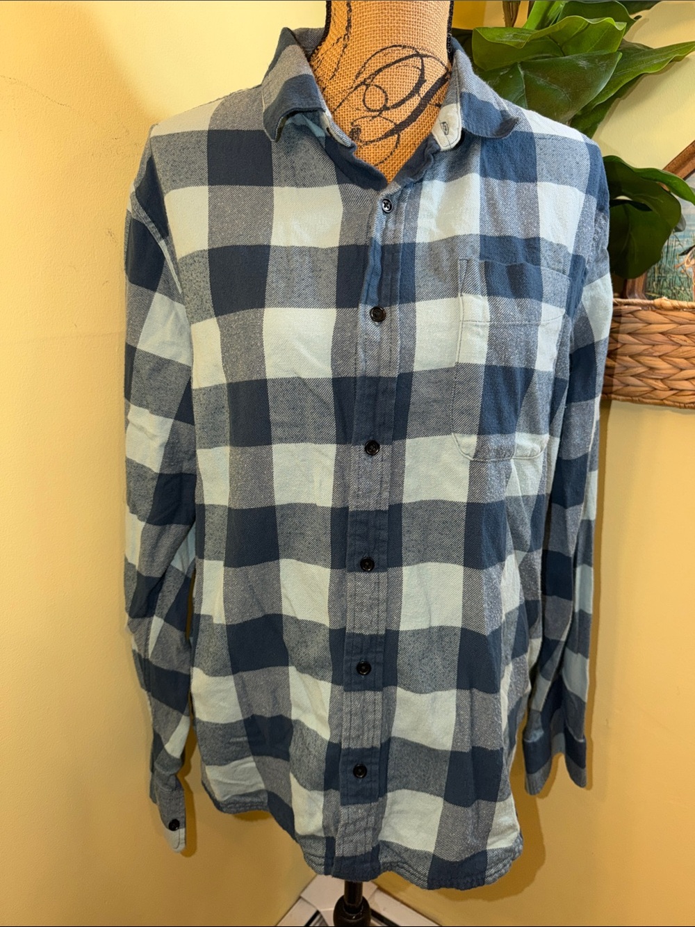 Pact Men's Light Blue and Navy Plaid Button-Down Shirt